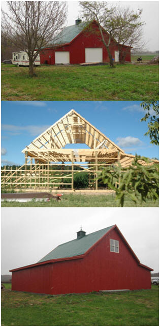 The hybrid construction of architect Don Berg's barns and country graages combines the economyof pole-barn construction with the practicality of a big, open storage loft.