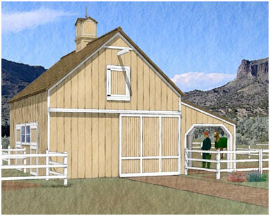 Chestnut Ridge Two-Stall Pole Barn and Run In - This small barn expands out to the paddock with a 12'x24' shelter that you can use for equipment or as a loafing shed. Click on the barn to see a floor plan with dimensions. Builders' blueprints are available at BackroadHome.net